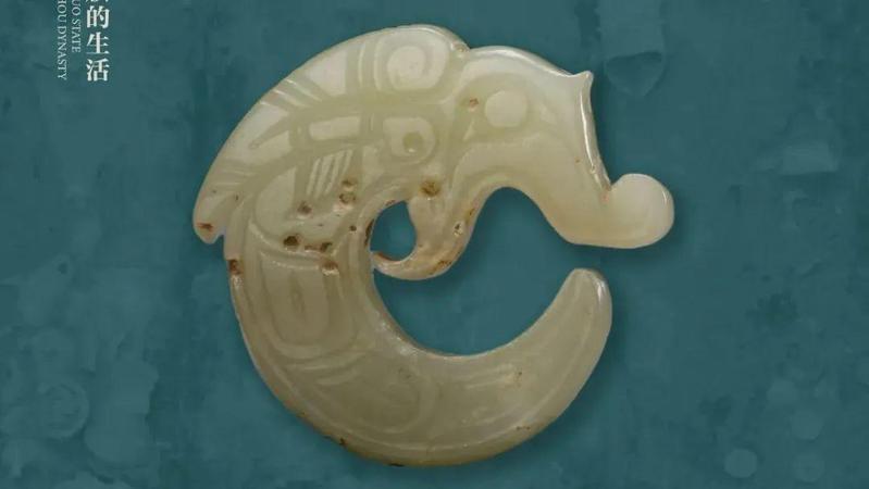 衔尾龙形玉佩商1990年出土于虢国墓地M2009虢仲墓三门峡市虢国博物馆藏衔尾玉龙的造型特点是龙身盘卷成环形，龙口衔接龙尾。这样的造型源于红山文化C形玉龙，兼具蛇的体态特征，是商周时期玉龙造型演化出的特殊形态。