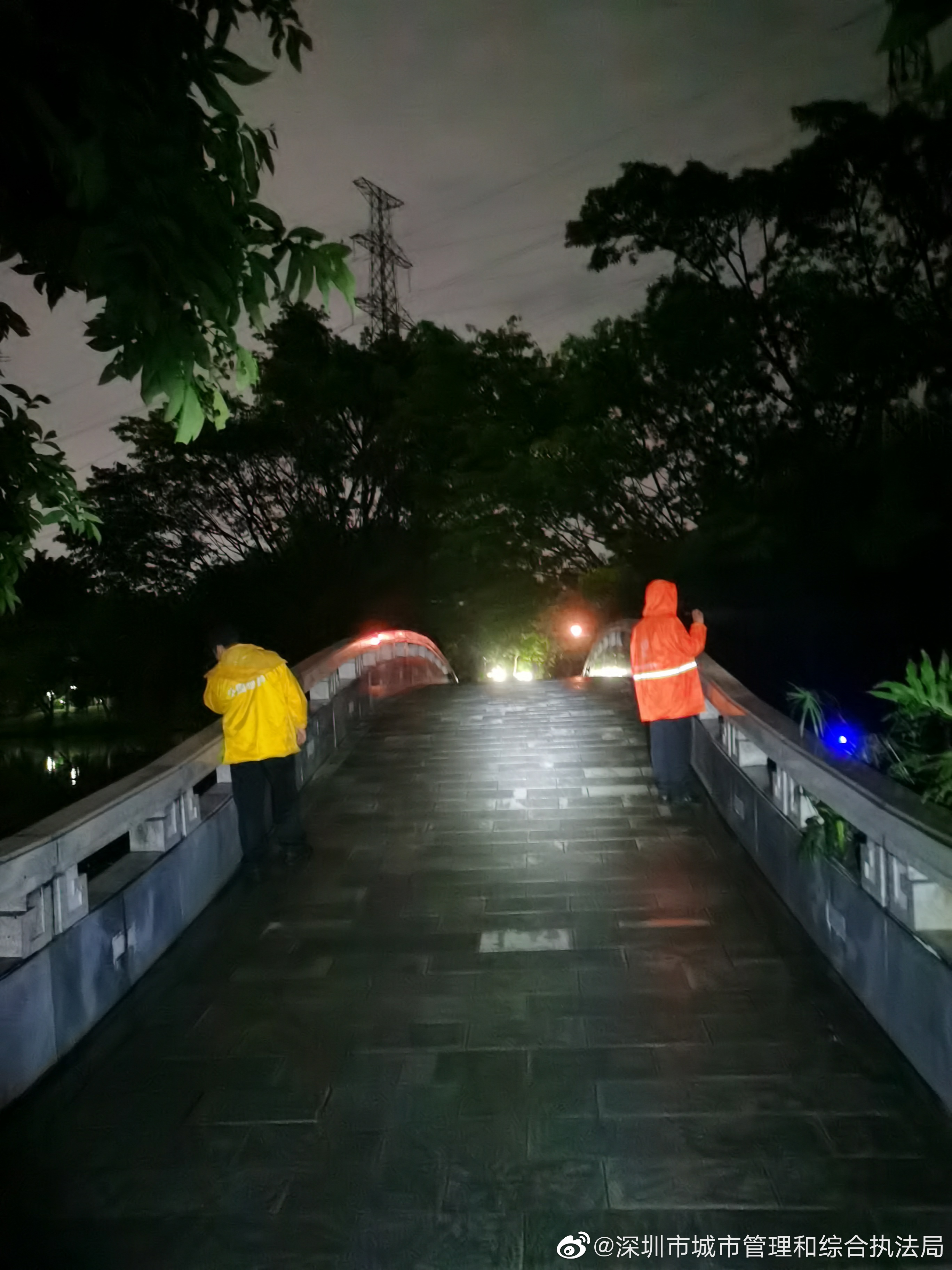 深圳东湖公园组织工作人员巡查边坡以防范暴雨天气
