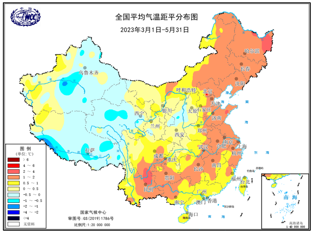 △2023年春季全国平均气温距平分布图(单位:℃)