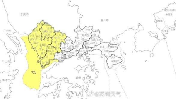 深圳市分区雷雨大风黄色预警信号生效中，注意防风防雨防雷
