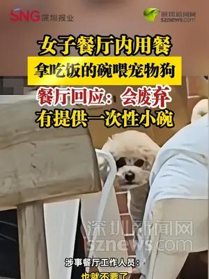 【女子餐厅内用餐拿吃饭的碗喂宠物狗】