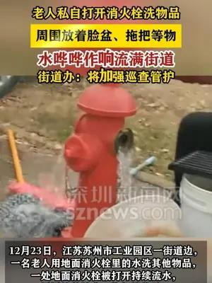 老人私自打开消火栓洗生活物品 水哗哗作响流满街道