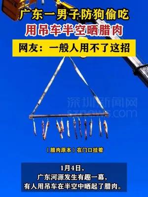 广东一男子防狗偷吃用吊车晒腊肉