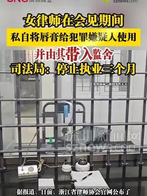 女律师将唇膏给犯罪嫌疑人使用，司法局：停止执业三个月