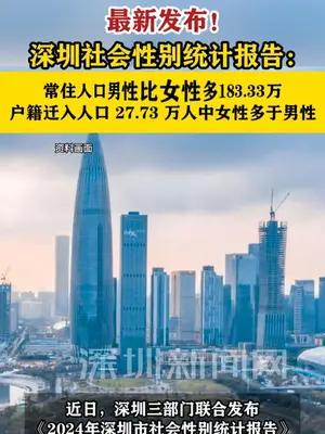深圳常住人口：男性比女性多183.33万