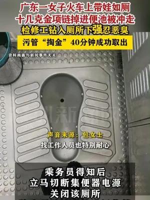 广东一女子火车上带娃如厕，十几克金项链掉进便池被冲走