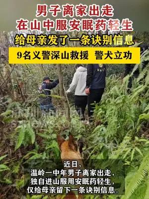 男子离家出走在山中服安眠药轻生被警犬找到