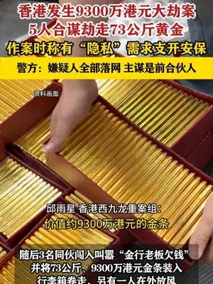 香港5人洗劫价值9300万港元的73公斤黄金
