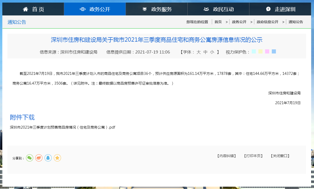 深圳公布三季度房源信息情况 36个项目预计供应17878套