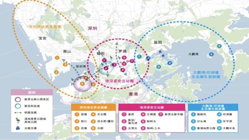 港深紧密互动中形成的“双城三圈”的空间格局：覆盖深圳都市核心区