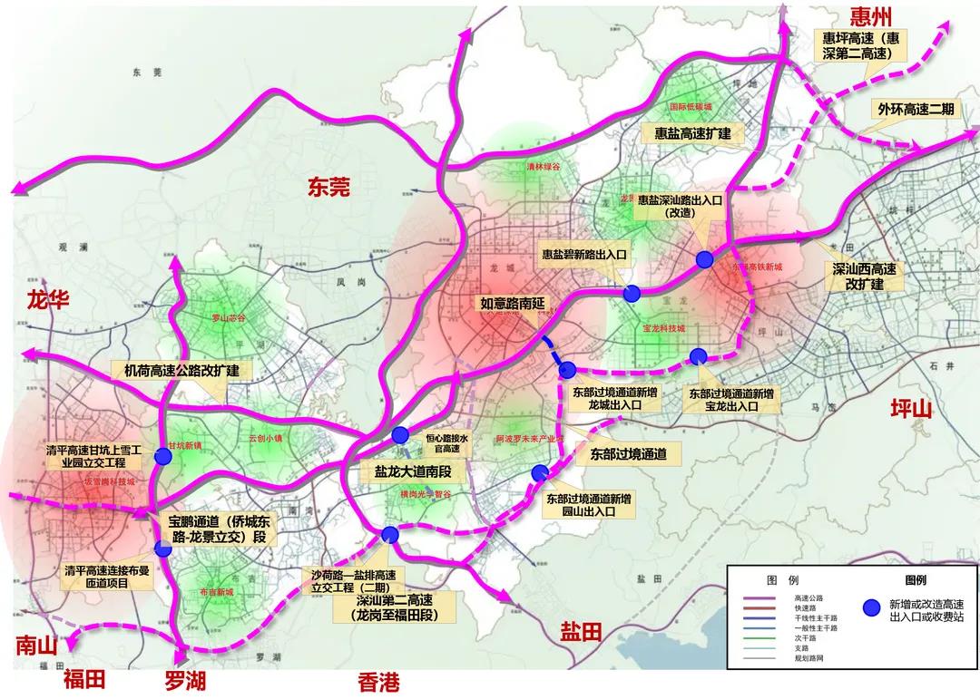 机荷高速公路复合通道,东部过境通道,盐龙大道南段等对外通道建设