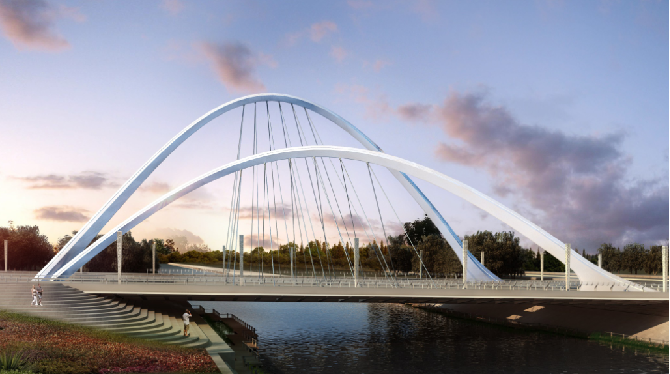 桥梁采用主跨80m梁拱组合体系,主拱采用钢箱拱,主梁采用双幅