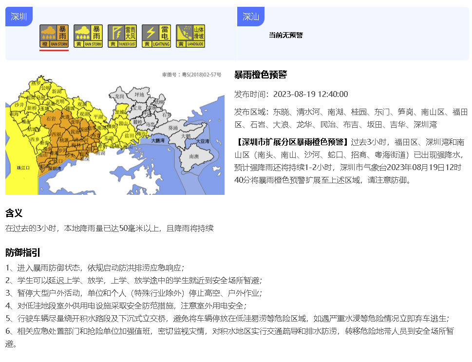雨雨雨！深圳分区橙色、黄色暴雨预警发布 五个气象预警信号生效中