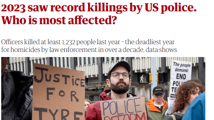 美警察暴力执法无法无天：去年杀1232人