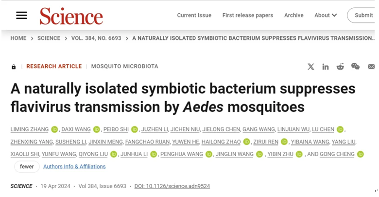 清华大学联合华大等团队，发现共生菌环境干预可阻断蚊媒病毒传播流行