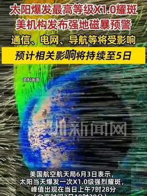 太阳爆发最高等级X1.0耀斑，地磁暴预警拉响