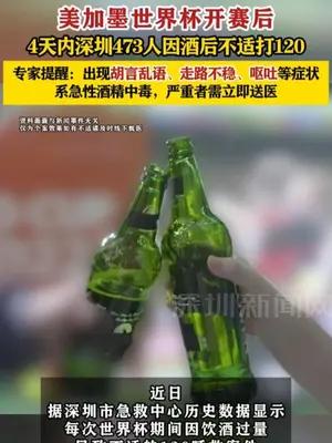 美加墨世界杯开赛后，4天内深圳473人因酒后不适打120